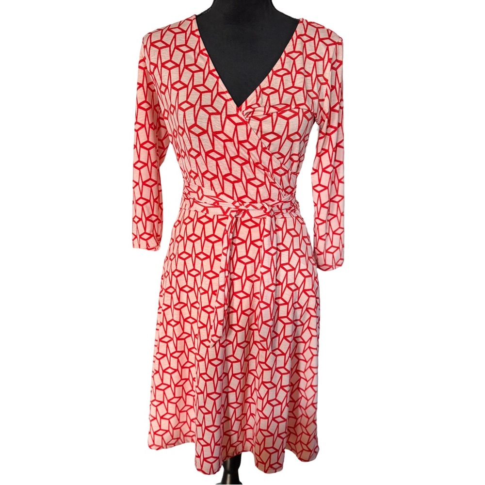 41 Hawthorn Red Geometric Wrap Dress | Small | V-Neck‎ Tie Waist